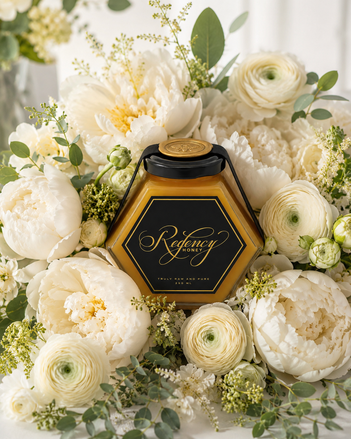 Regency Honey jar nestled in white peonies